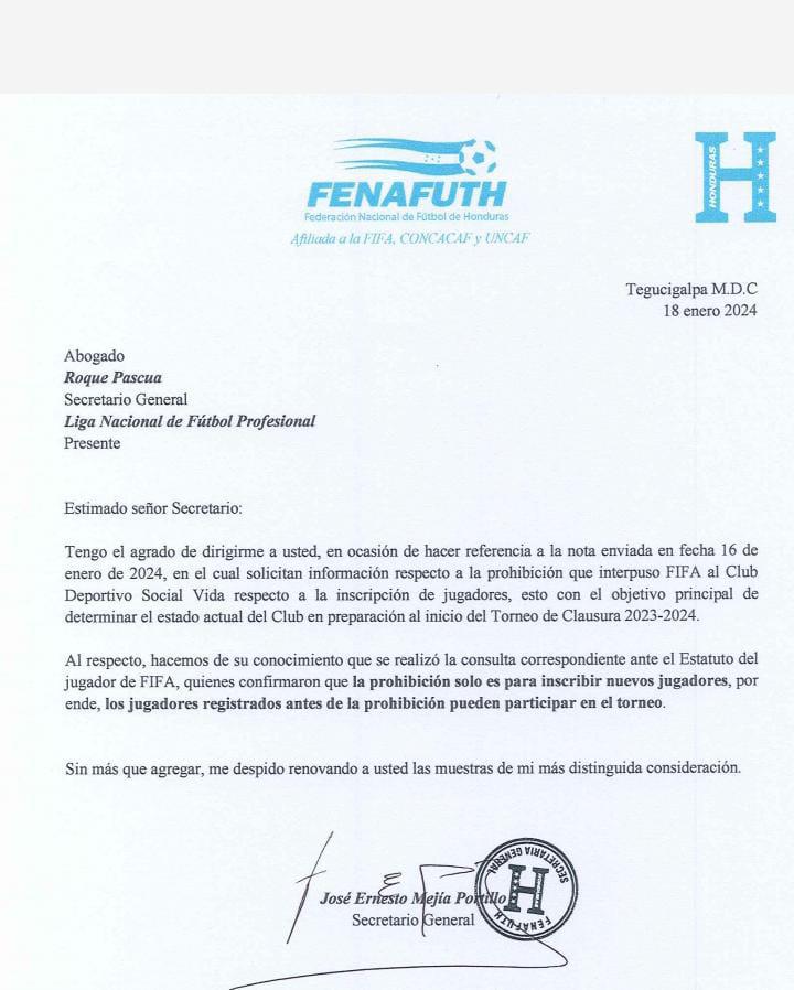 La respuesta de la Liga Nacional a Fenafuth sobre el bloqueo de FIFA a los jugadores y cuerpo técnico inscritos para el torneo Clausura 2024.