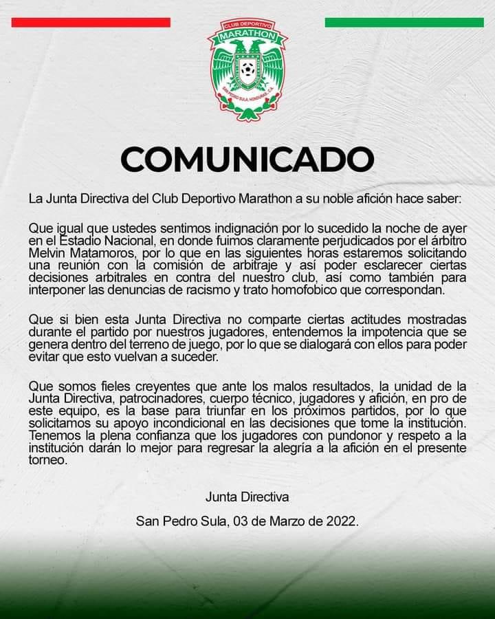 Marathón emite fuerte comunicado contra los árbitros tras el polémico partido contra Motagua; denunciará “racismo” y “trato homofóbico”