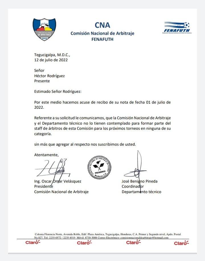 Así le notificaron a Héctor Rodríguez que queda fuera del arbitraje de la Liga Nacional y Liga de Ascenso de Honduras.
