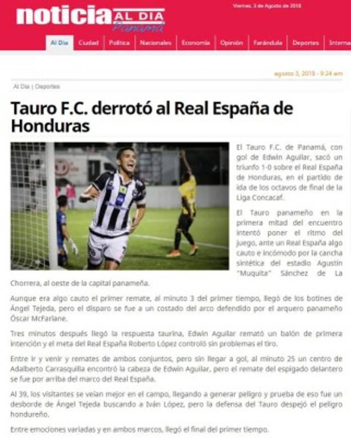 Portadas de los diarios internacionales sobre derrota de Real España ante Tauro FC