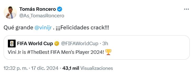 Vinicius ganó el premio The Best y la prensa reacciona: “Aquí sí asiste el Madrid; ya es mucho más grande que Neymar”