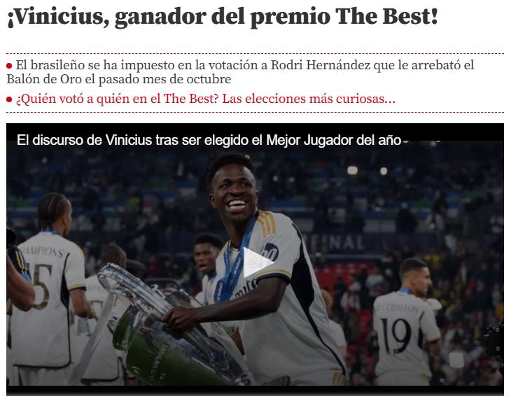 Vinicius ganó el premio The Best y la prensa reacciona: “Aquí sí asiste el Madrid; ya es mucho más grande que Neymar”
