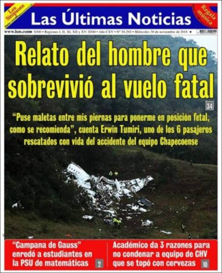 PORTADAS: ¡El mundo llora la tragedia aérea del Chapecoense!