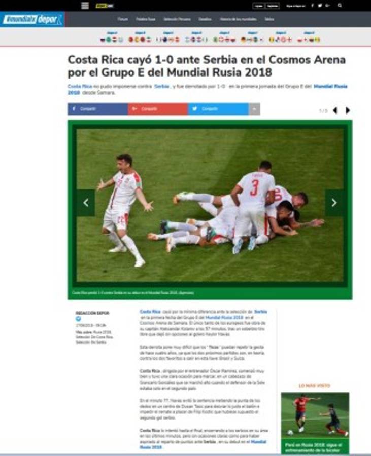 Prensa de Costa Rica: 'Se apaga la ilusión de los octavos en Rusia'