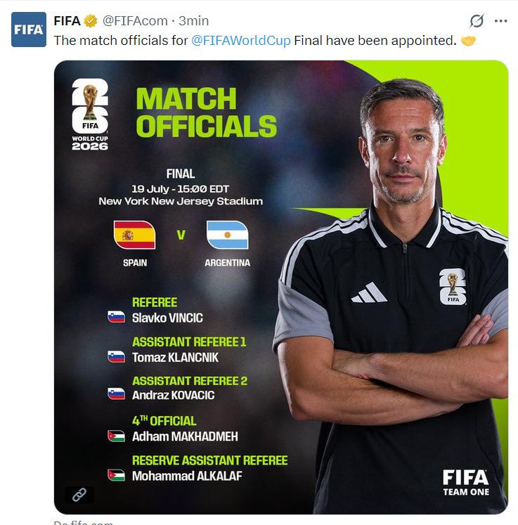 La FIFA confirmó el arbitraje para la gran final del Mundial entre Argentina vs España.
