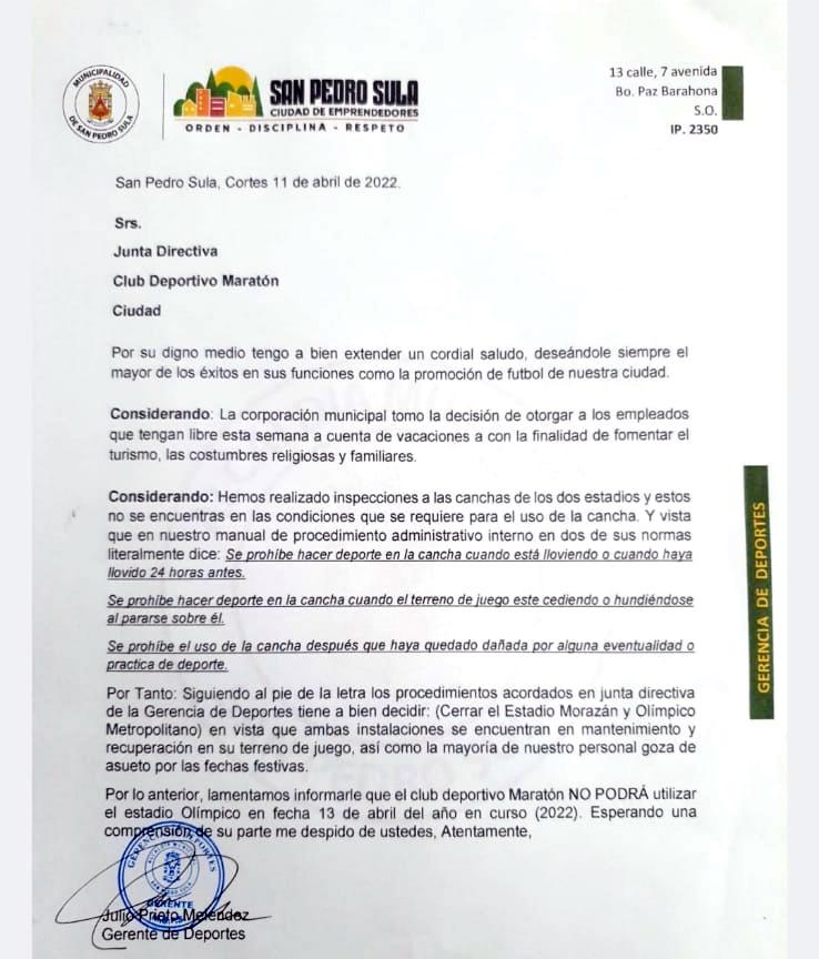 Inmude le notificó el lunes a Marathón que no pueden hacer uso del estadio Olímpico el miercoles.