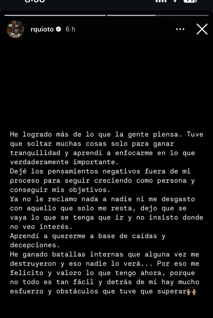 Romell Quioto y la historia que subió en su cuenta personal de Instagram.