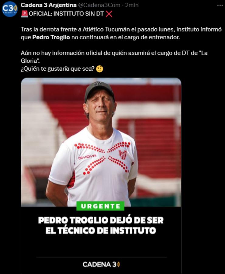 Fin de la era, Nuevo fracaso: así reaccionó la prensa tras el despido de Pedro Troglio del Instituto de Argentina