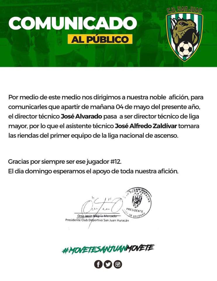 San Juan despide al técnico José Alvarado tras la polémica situación que atraviesa con Rambo de León