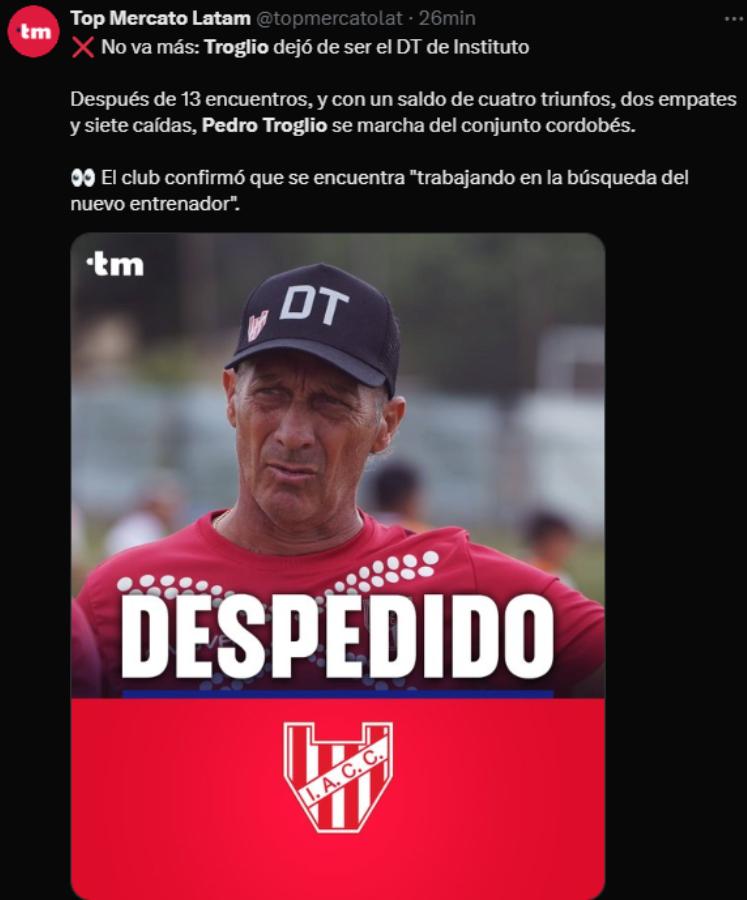 Fin de la era, Nuevo fracaso: así reaccionó la prensa tras el despido de Pedro Troglio del Instituto de Argentina