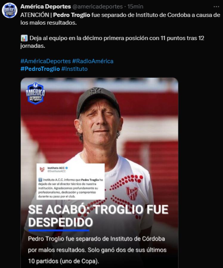 Fin de la era, Nuevo fracaso: así reaccionó la prensa tras el despido de Pedro Troglio del Instituto de Argentina