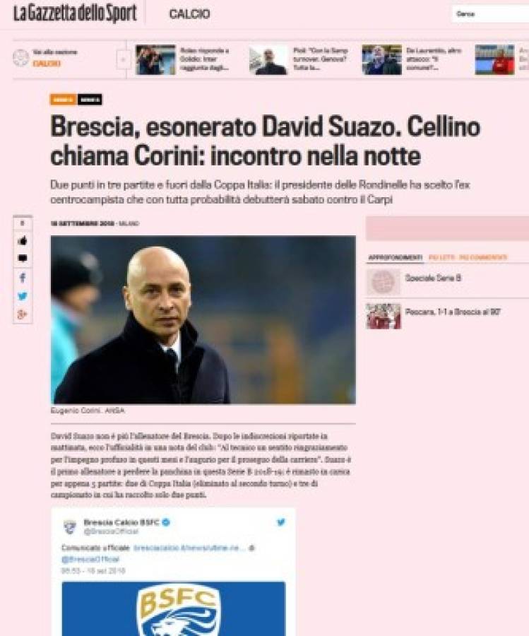 Prensa Italiana brinda los detalles de la salida de David Suazo y anuncia su sustituto