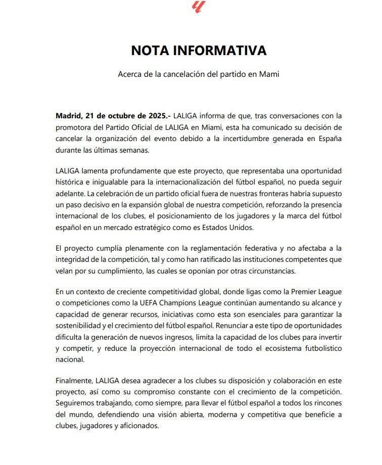 OFICIAL: Liga Española da un giro inesperado y esto pasará con el partido Barcelona - Villarreal en Miami
