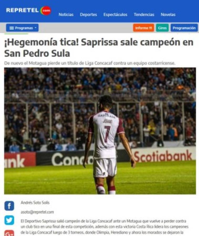 Prensa de Costa Rica: 'Hegemonía tica' y 'La S reina en la Liga Concacaf'