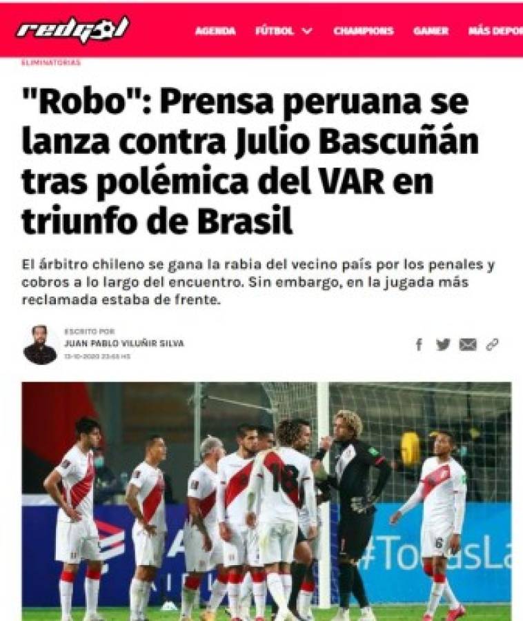 'Árbitro ratero y robo': Así reaccionó la prensa peruana tras del polémico partido ante Brasil    