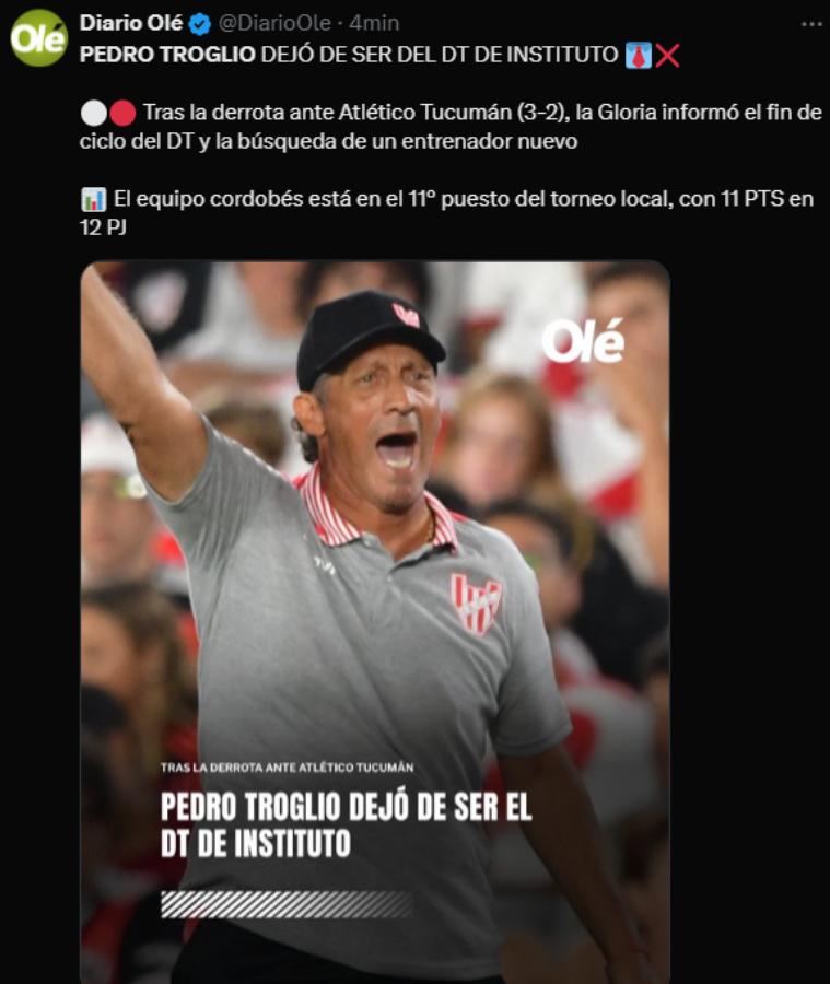 Fin de la era, Nuevo fracaso: así reaccionó la prensa tras el despido de Pedro Troglio del Instituto de Argentina