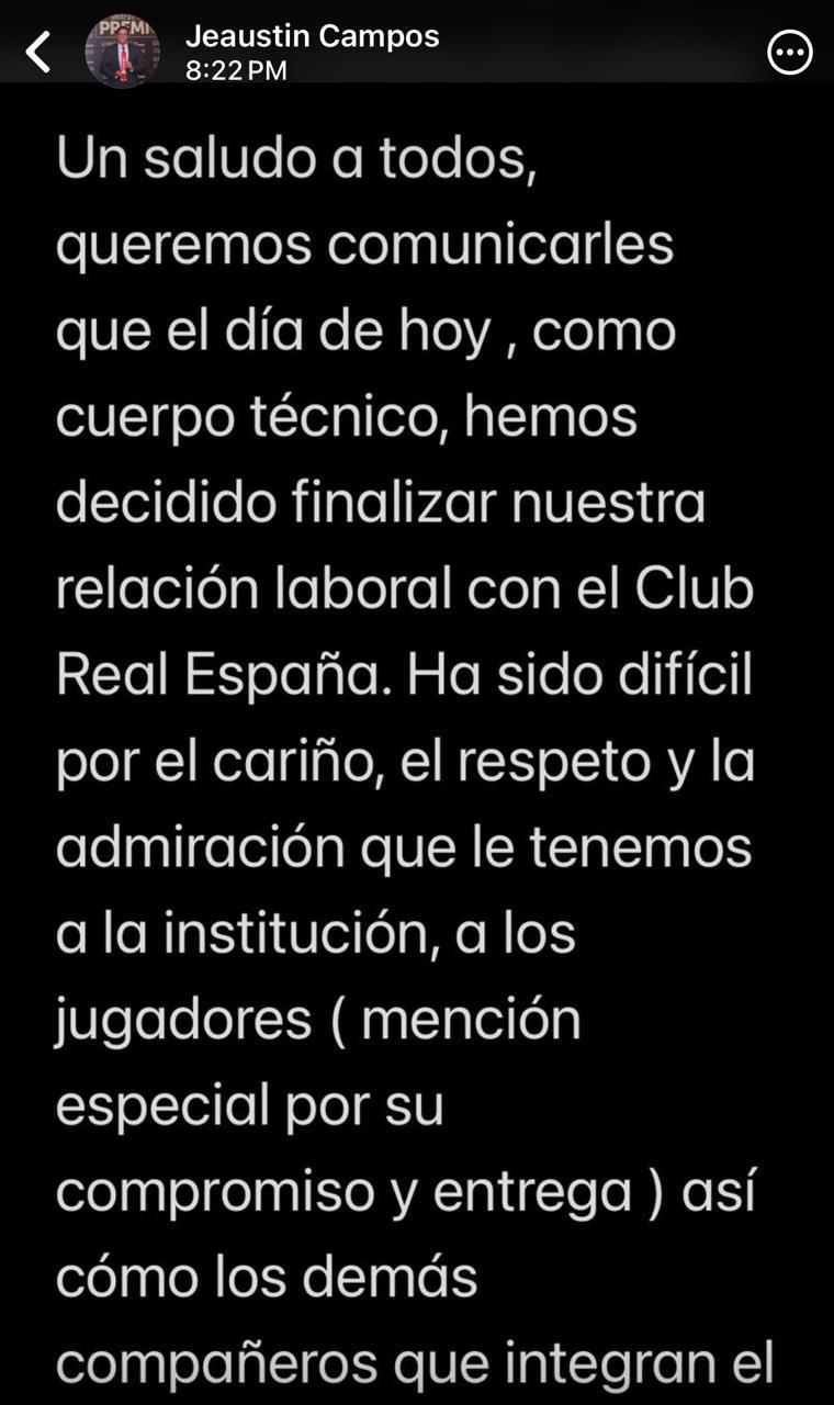 El mensaje de Jeaustin Campos donde confirma su salida de Real España.