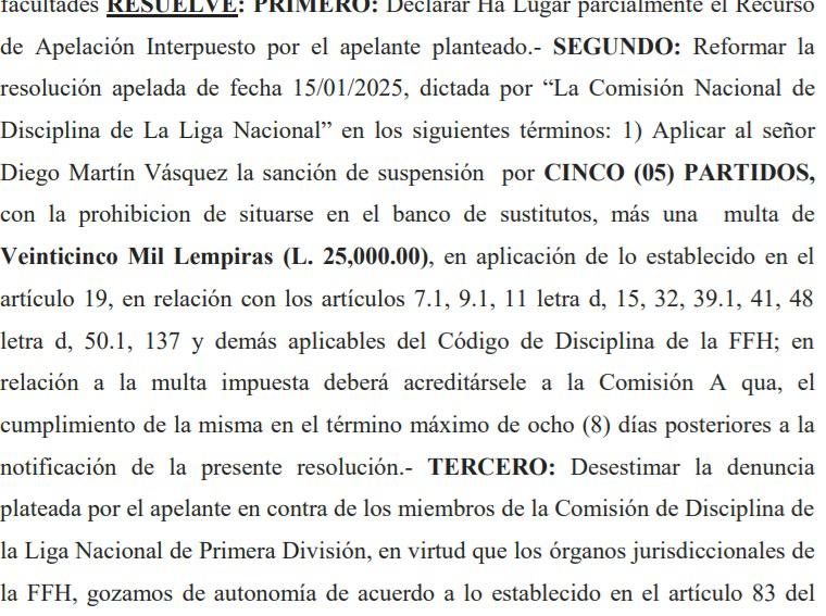 Resolución de la Comisión de Apelaciones con la reducción del castigo a Diego Vázquez.