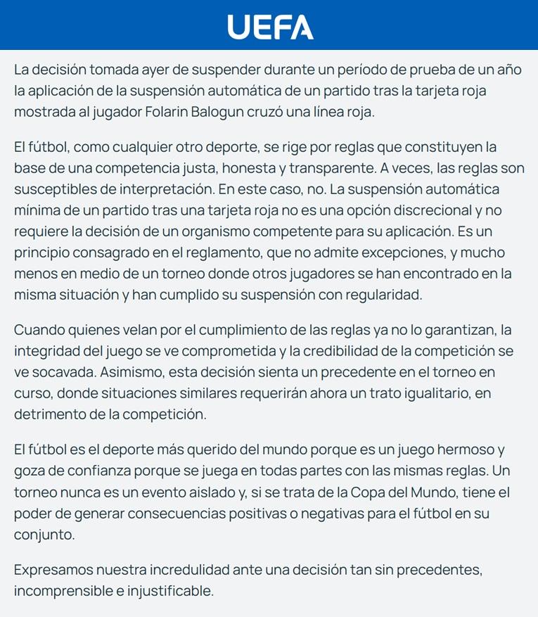 El comunicado de la UEFA contra la FIFA por el indulto a Balogun.