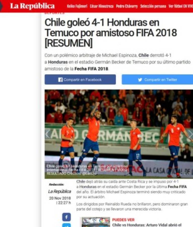 Prensa internacional: 'Polémico'y 'ridículo' triunfo de Chile ante Honduras