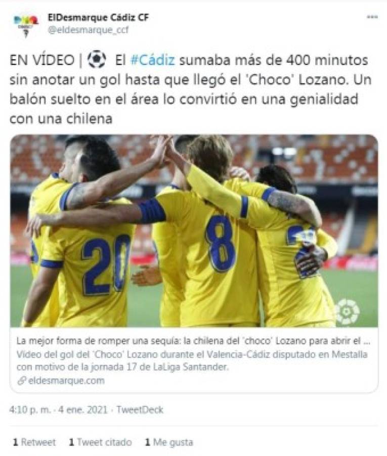 'Brutal chilena del Choco Lozano”: Lo que dice la prensa en España tras el gol del catracho