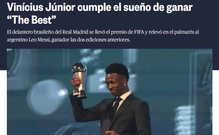 Vinicius ganó el premio The Best y la prensa reacciona: “Aquí sí asiste el Madrid; ya es mucho más grande que Neymar”
