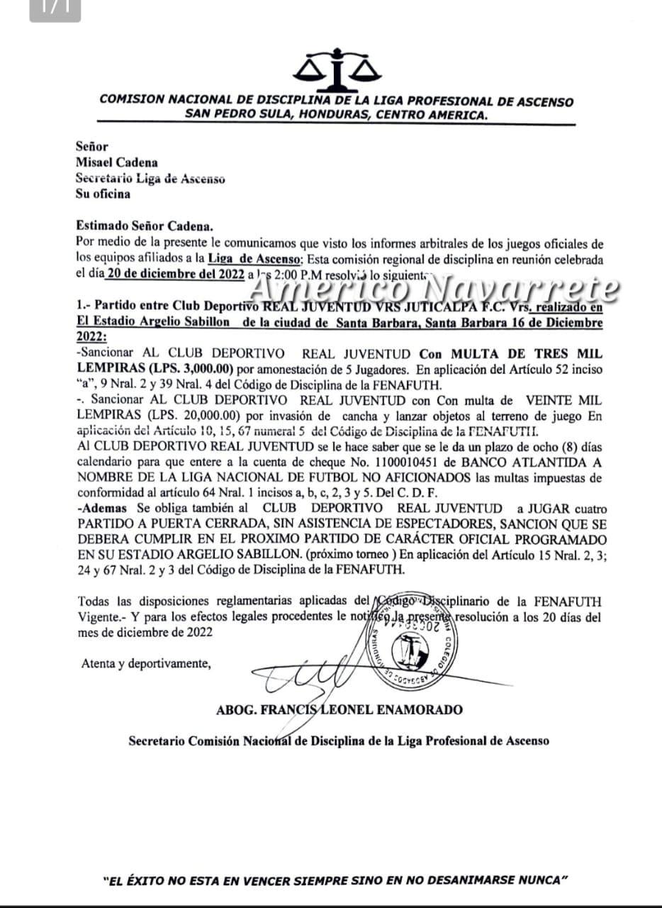 El documento de la Comisión de Disciplina donde oficializa la sanción a la Real Juventud de Santa Bárbara.