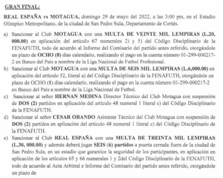 Real España recibe severo castigo de Comisión de Disciplina tras disturbios entre aficionados en la Gran Final ante Motagua