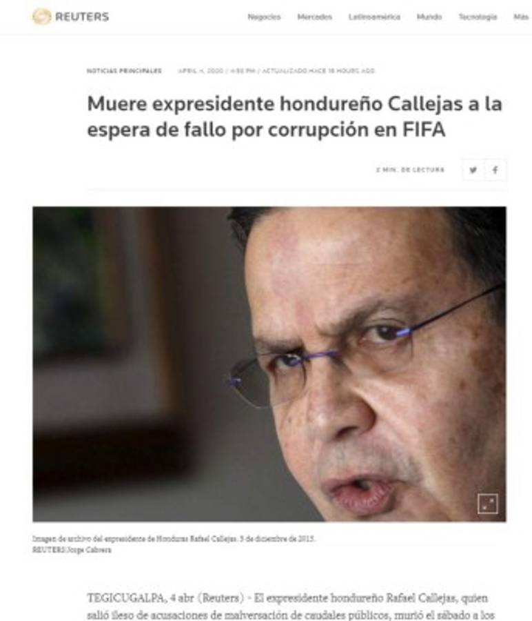 Así reaccionaron medios internacionales tras muerte de Rafael Callejas