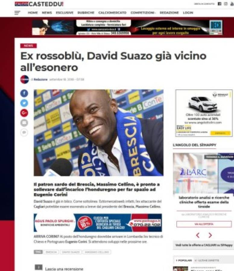 Prensa Italiana brinda los detalles de la salida de David Suazo y anuncia su sustituto