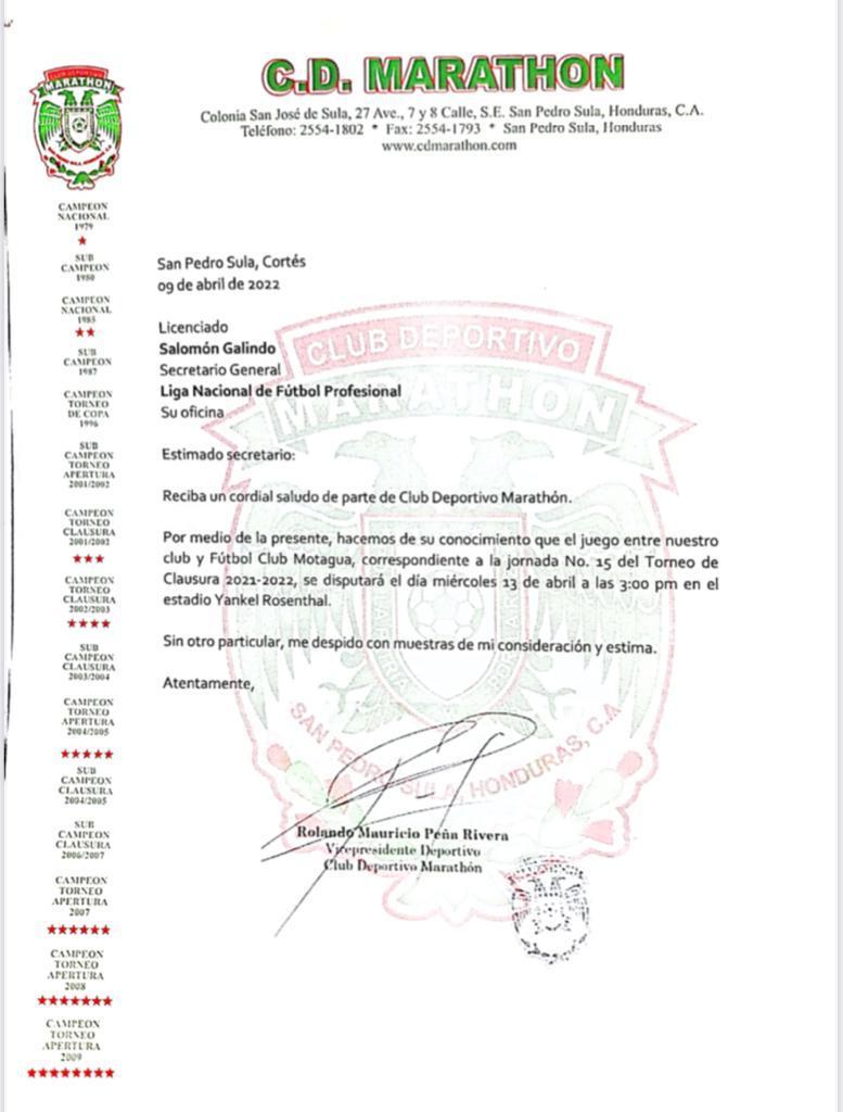 Marathón envió carta para el cambio a la LIga Nacional el 9 de abril, pero Motagua asegura que la notificación de parte de la Liga llegó hasta este martes por la mañana.