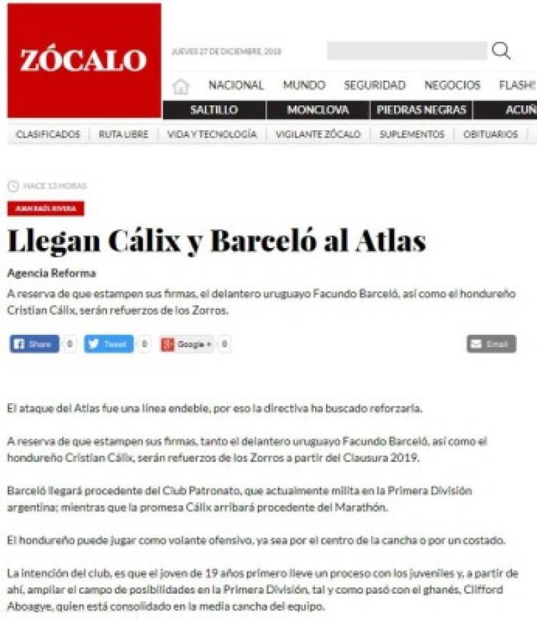 Lo que dicen los medios mexicanos de Cristian Cálix al ser fichado por Atlas