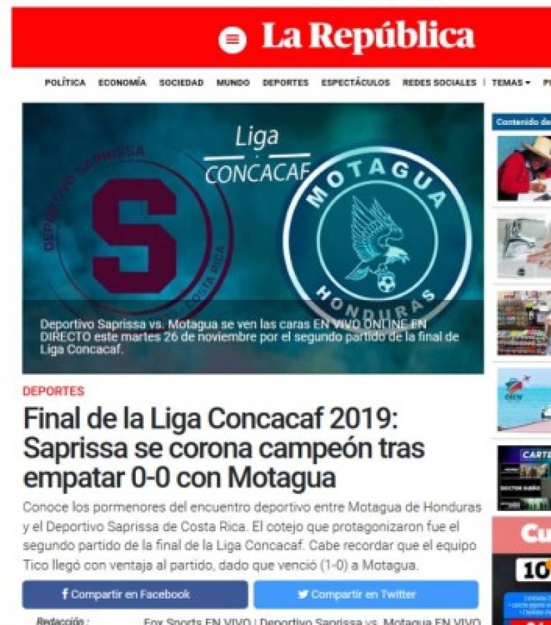 Prensa de Costa Rica: 'Hegemonía tica' y 'La S reina en la Liga Concacaf'