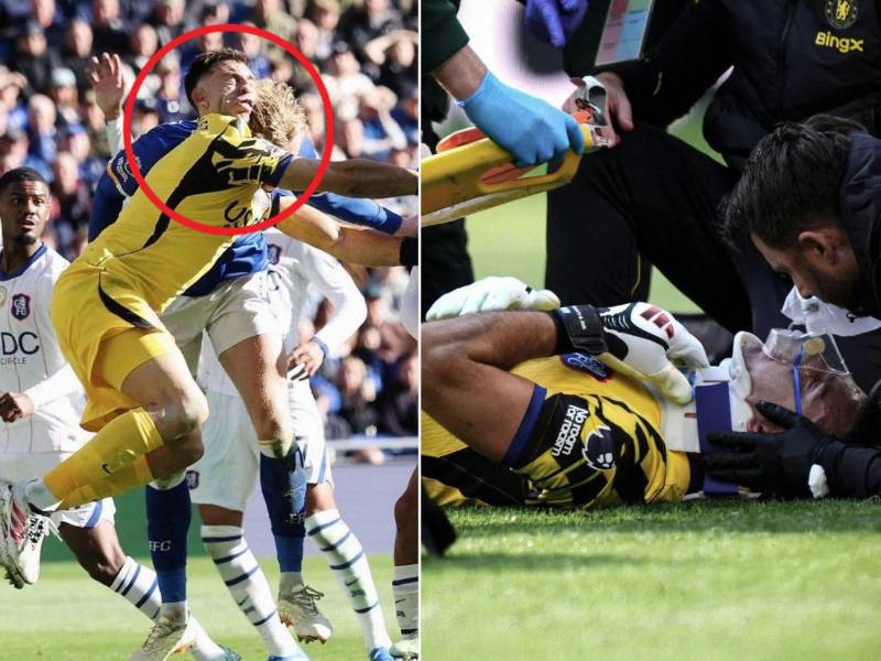 Emiliano Martínez tuvo que abandonar el partido del Chelsea contra el Everton tras un fuerte choque aéreo.
