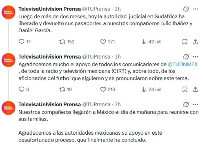 El comunicado en 'X' de la prensa de Televisa.