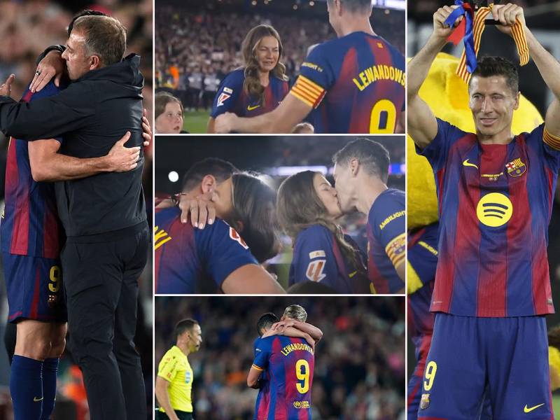 Así se vivió la despedida de Robert Lewandowski del Camp Nou: el discurso tras terminar el partido con triunfo sobre el Betis y las imágenes con su esposa llorando.