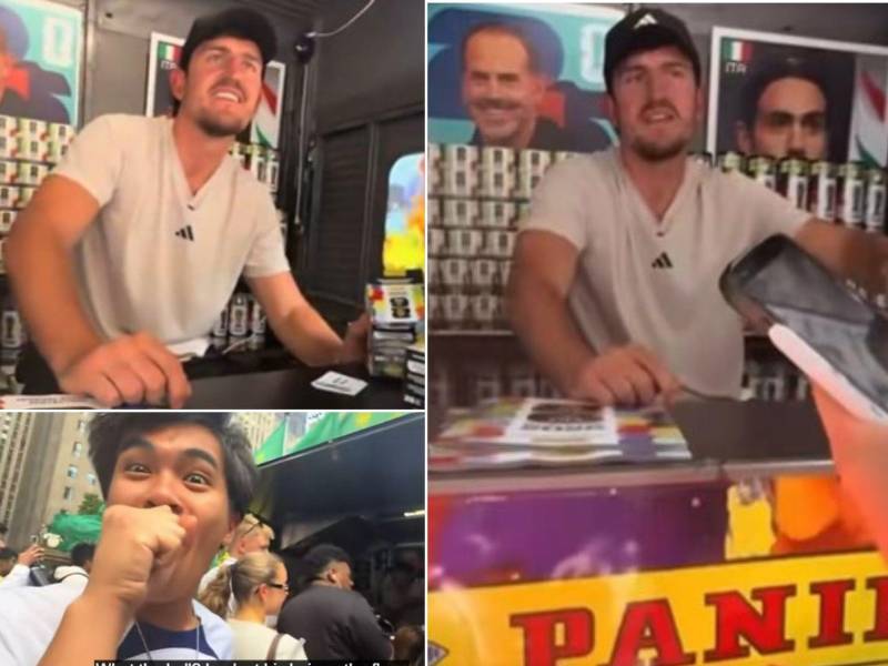 Harry Maguire está de vacaciones en Estados Unidos y sorprendiendo vendiendo figuras del álbum Panini.