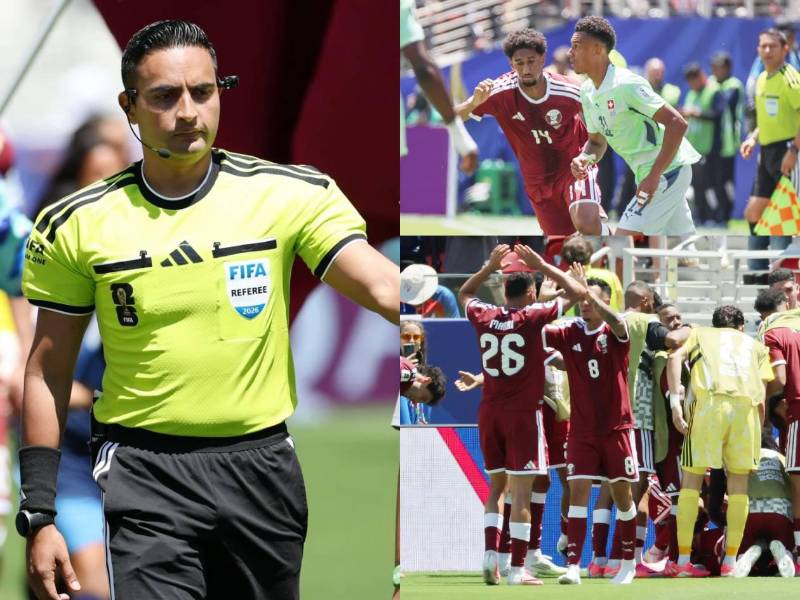 El árbitro hondureño fue el principal en el juego Qatar vs Suiza acompañado de sus compatriotas Cristian Ramírez y Walter López. Fotos cortesía FFH, capturas de pantalla y EFE.