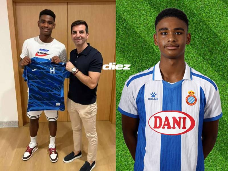 Francis Hernández, director deportivo de las selecciones de Honduras, junto al futbolista Kevin Gyamfi González. Fotos cortesía FFH y Espanyol.