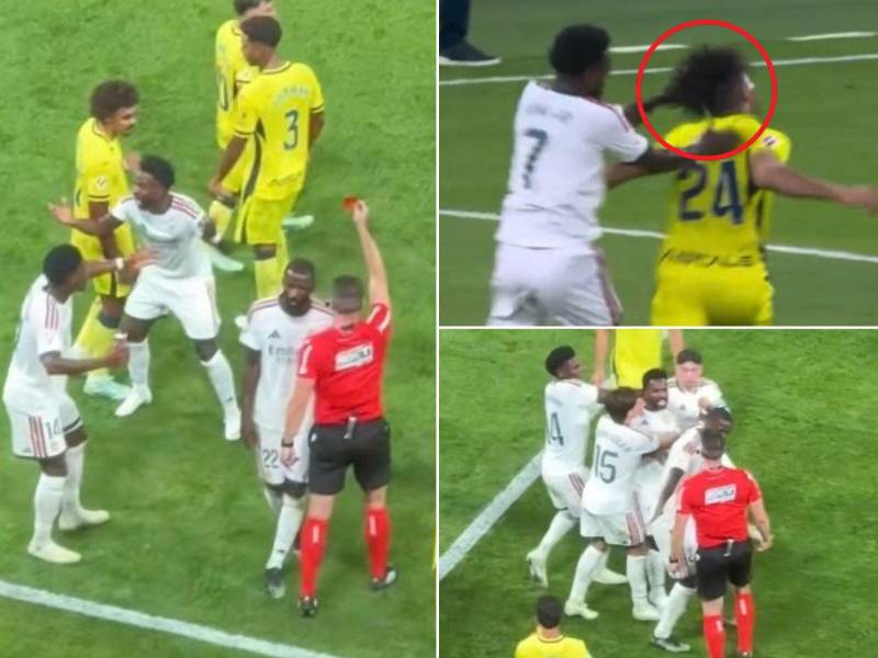 Vinicius vio la tarjeta roja por tomar del pelo a Saliba antes que marcar el segundo tanto que fue anulado.