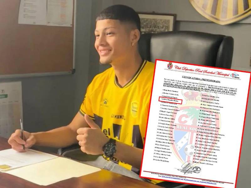 El futbolista Jeffrey Ramos mientras firmaba su contrato con Real España, pero Real Sociedad lo citó a pretemporada porque aduce que tiene contrato con ellos.