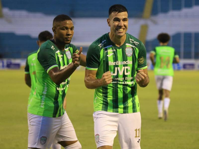 La celebración de Nicolás Messiniti luego de anotar el segundo gol del Monstruo Verde ante Olancho FC.