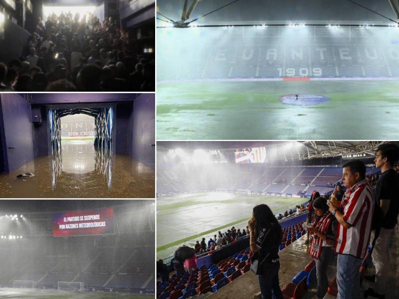 El partido del Levante contra el Athletic Club que debía disputarse esta noche fue aplazado por una fuerte lluvia. Una inundación tanto dentro como fuera del terreno de juego.