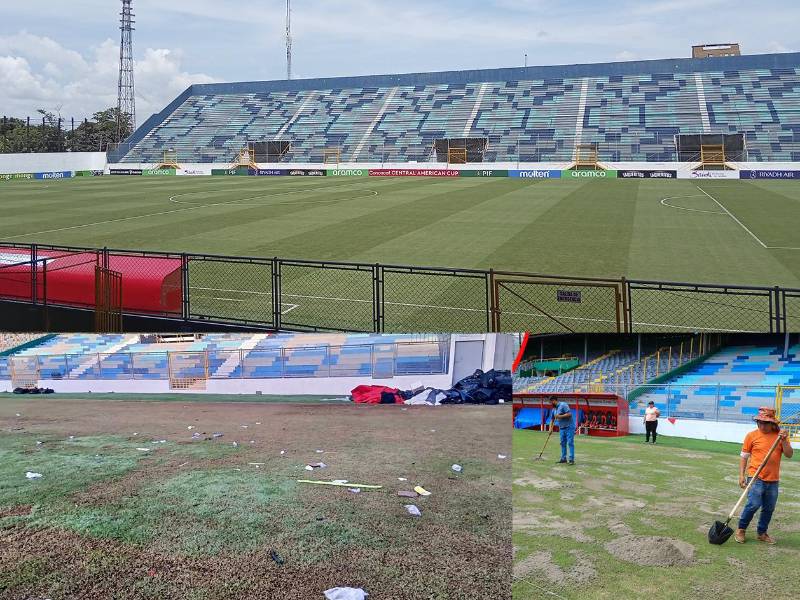 Así era y así ha quedado de destruida la cancha del estadio Morazán tras un concierto.