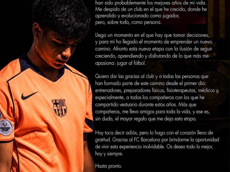 El defensor hondureño José Alfredo Rodríguez se despidió a través de sus redes sociales de las canteras del FC Barcelona.