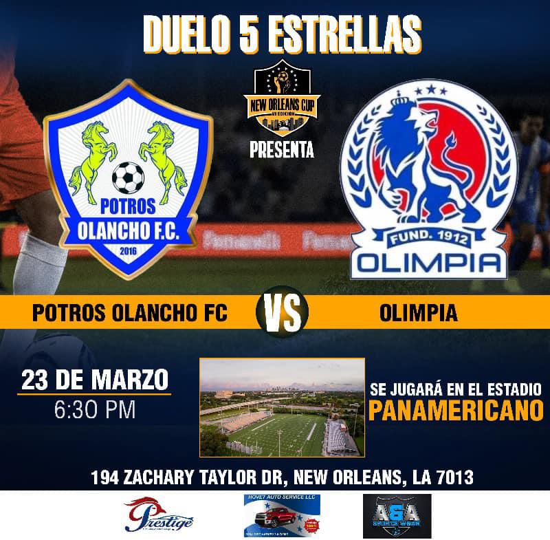 Olancho y Olimpia se miden el 23 de marzo en partido amistoso en New Orleans.