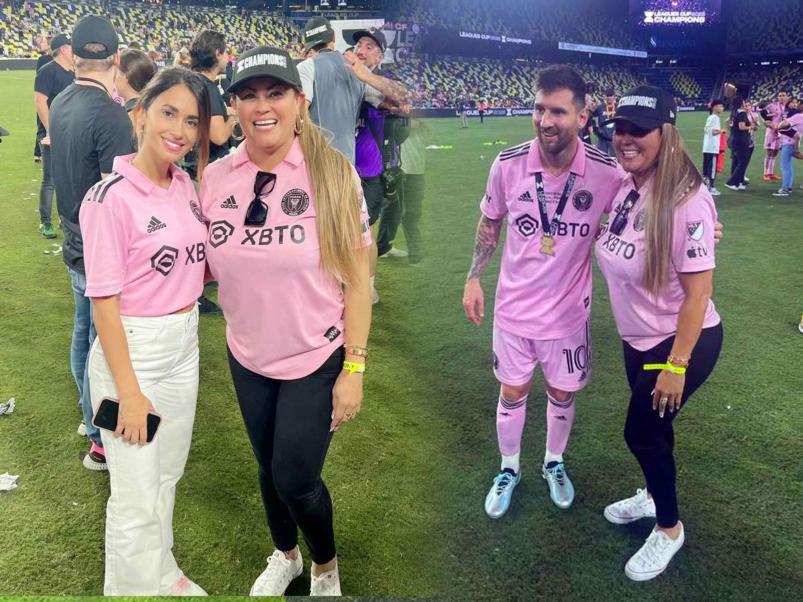 Doña Alba Ochoa posando junto con Antonela Roccuzzo y Lionel Messi.