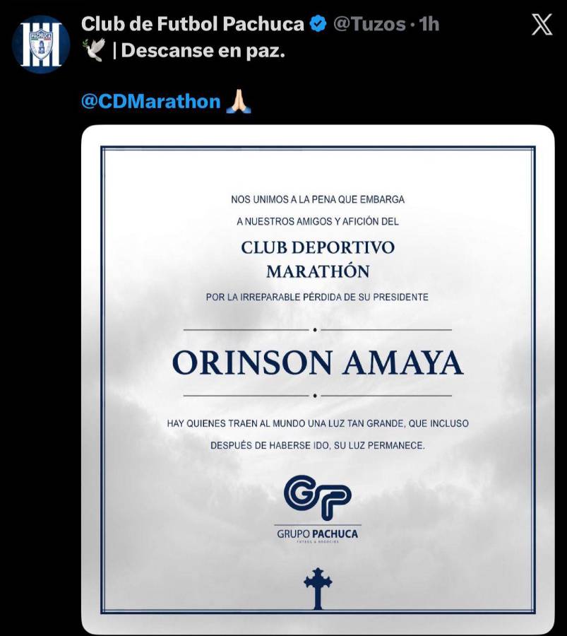 Pachuca y los equipos de la Liga Nacional despiden al presidente de Marathón, Orinson Amaya: Permanecerá en nuestros corazones