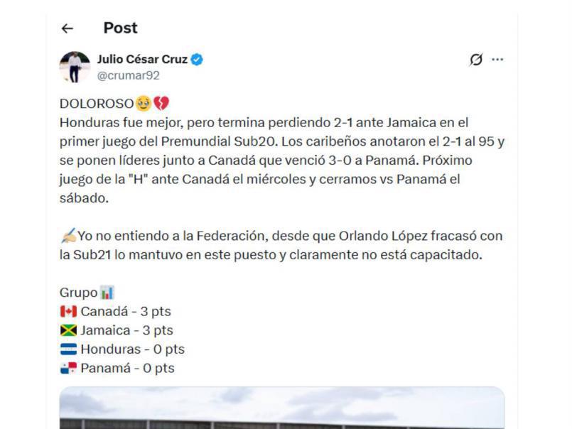 Honduras sufre la derrota ante Jamaica en el Premundial Sub-20 y señalan al culpable