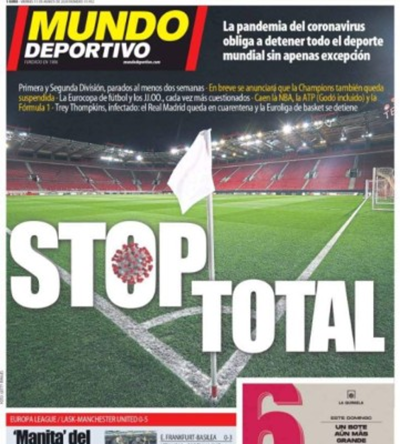 La pandemia del coronavirus se roba las portadas deportivas por el mundo: 'Stop ya'